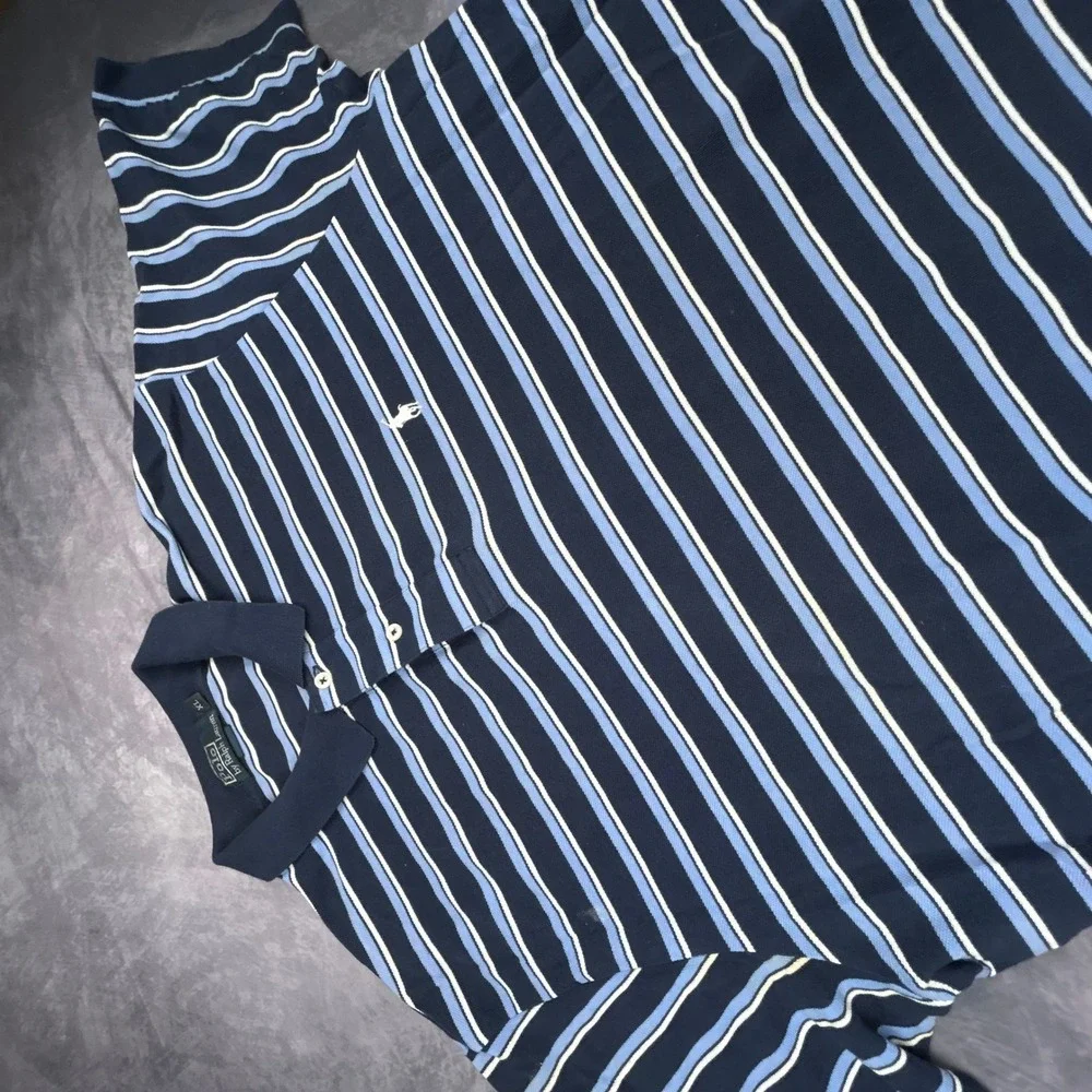 Polo Ralph Lauren Striped Polo Shirt Mens XL Navy‎ Blue Y2K Vintage Boxy Fit
